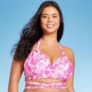 Wild Fable Size 3X 24/26 Pink Heart Print Strappy Wrap & Halter Bikini Swim Top
